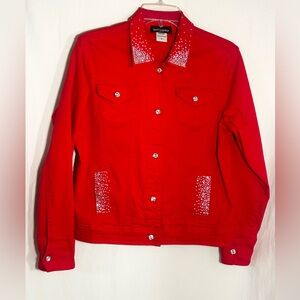 WOMENS SMALL GET LUCKY RED DENIM WESTERN RHINESTONE BLING JACKET